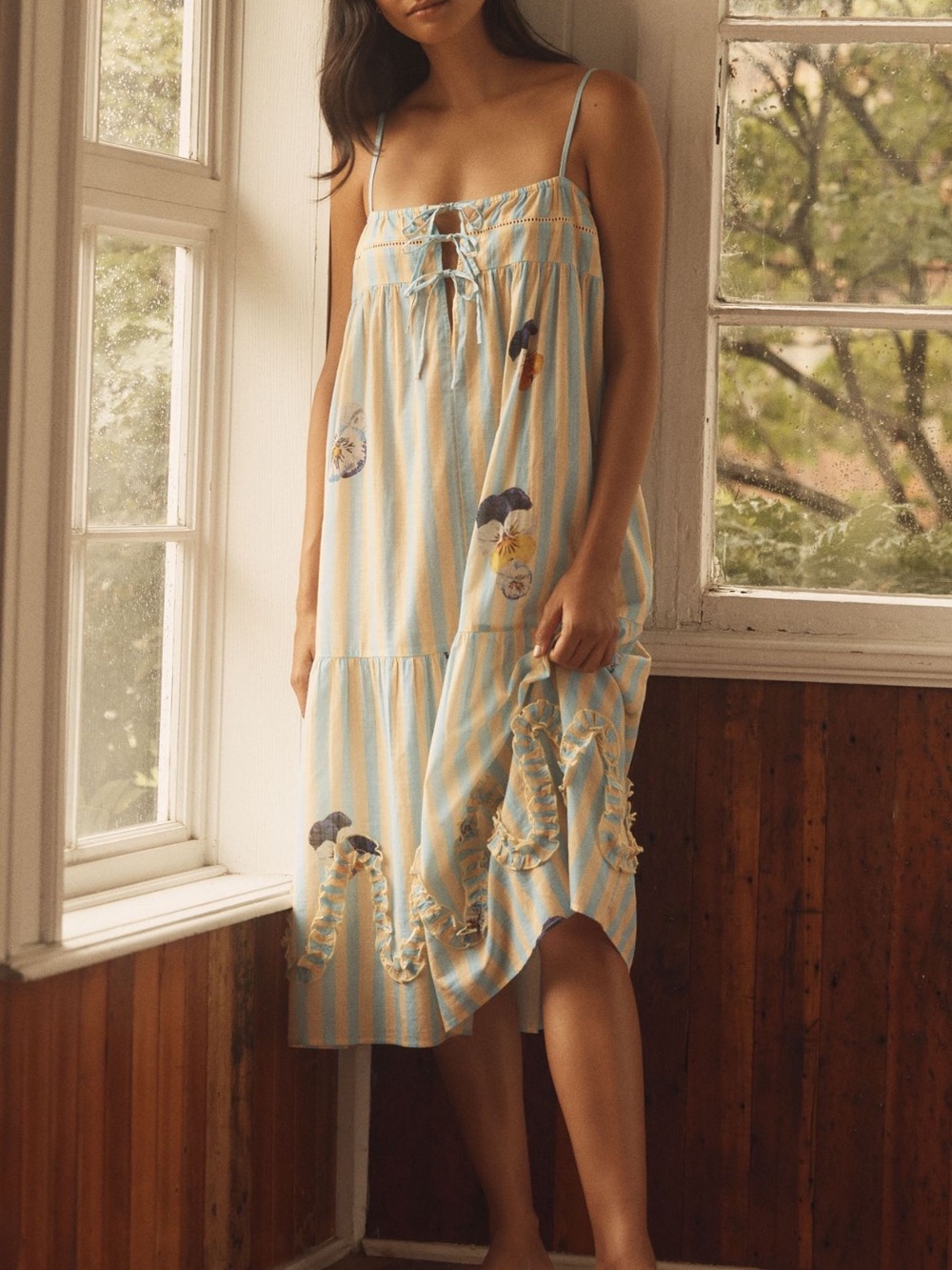 Anthropologie Nap Dress Lyrebird New Stripe Floral Pansy Print Large